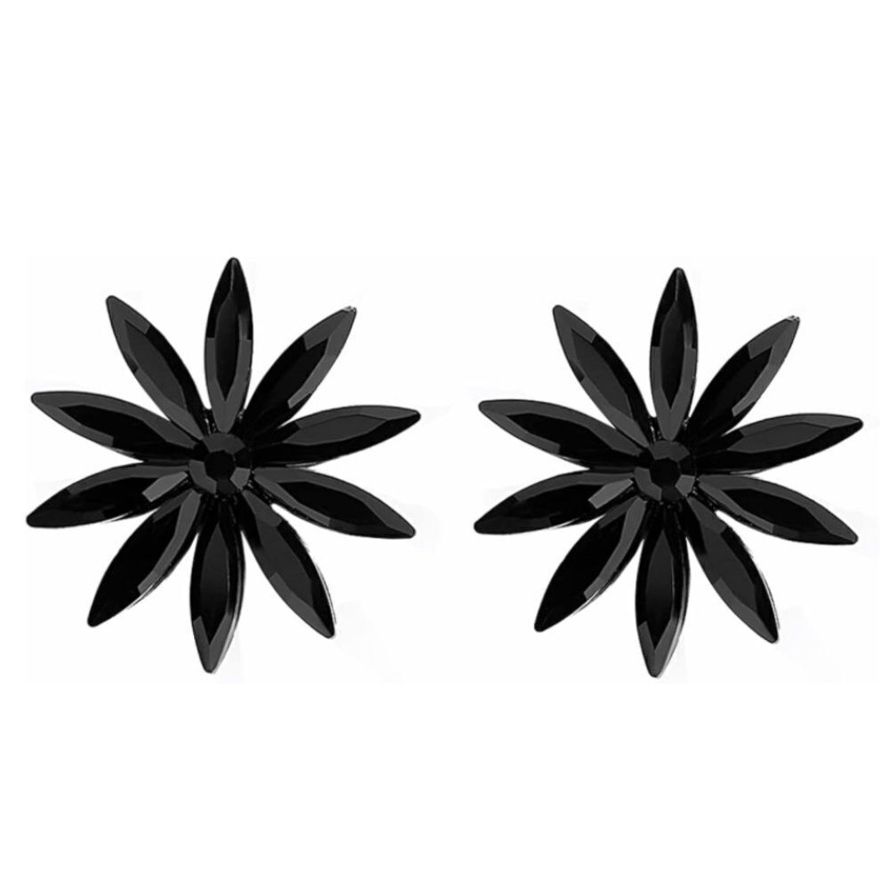 Carbon Black with Marquise Black Onyx Crystal Flowers Post Back Earrings